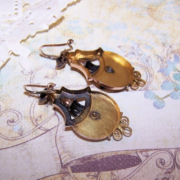 Antique 14K Gold Taille D'Epergne Enamel Pearl Dangle Earrings - Hook Findings - Picture 9 of 10